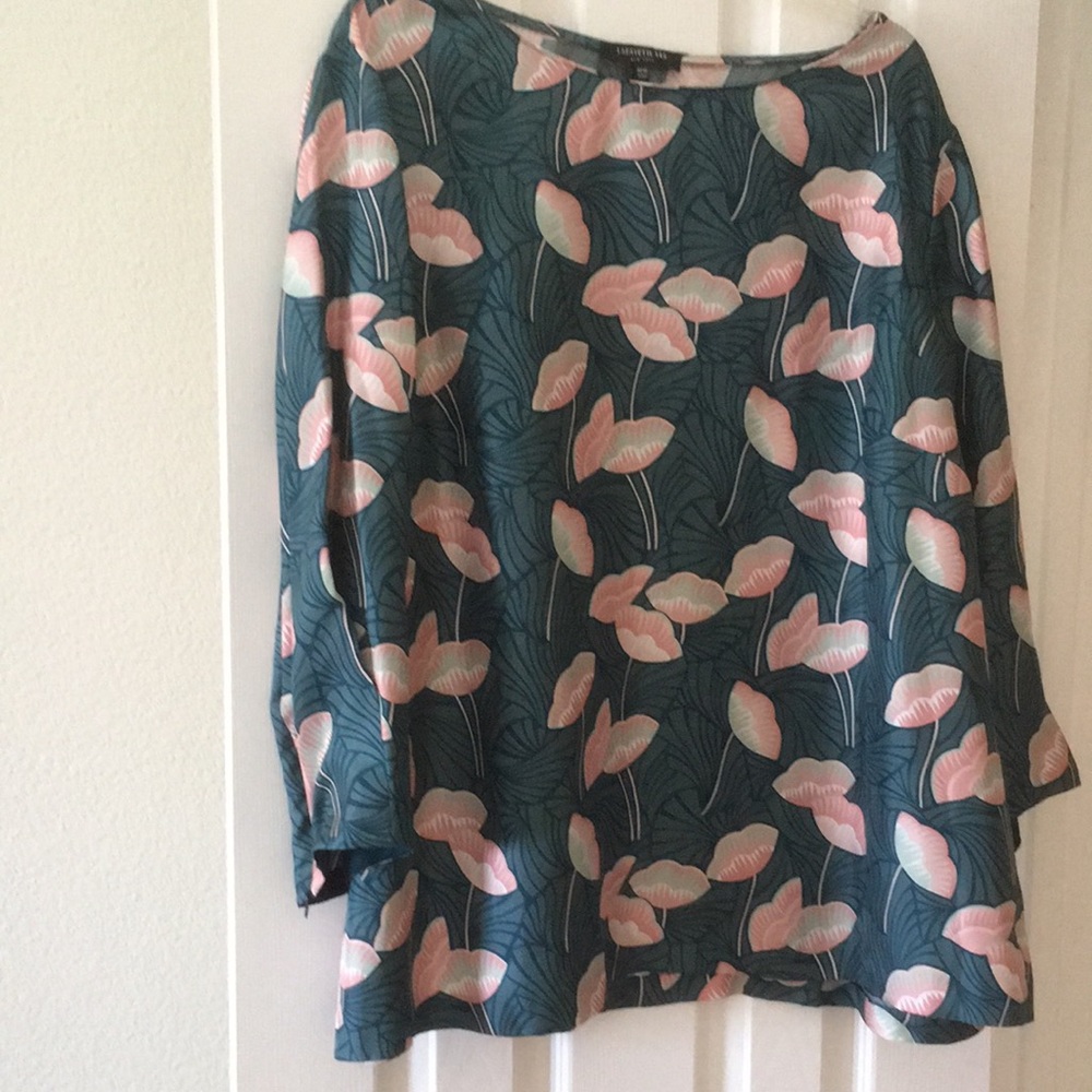 Lafayette 148 Teal Floral Blouse with Pink Bloom Print